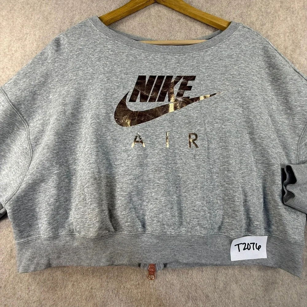 Nike Air Womens Cropped Sweatshirt Gray Rose Gold Metallic Logo Back Zip Medium